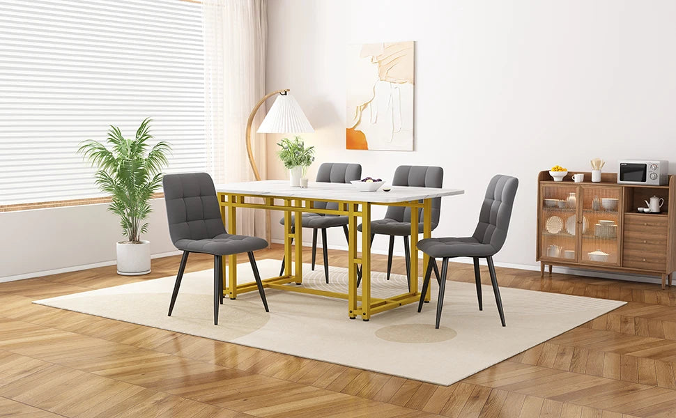 VSOGA 120x70cm Gold Dining Table with 4 Chairs Set Modern kitchen Dining Table Set Dark Grey Velvet Dining Chairs Gold Iron Leg table