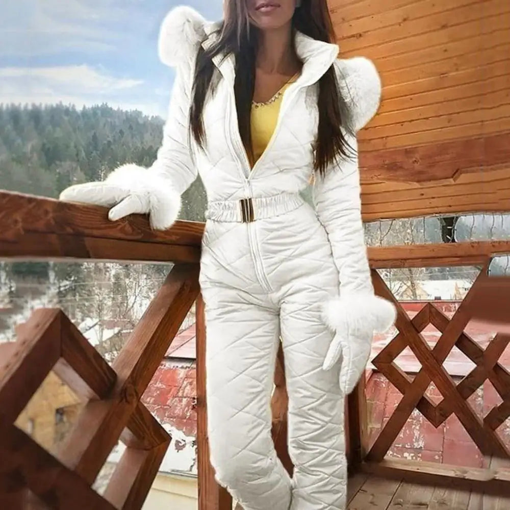 Warm Skiing Zipper Hooded Women Jumpsuit Outdoor Winter Faux Fur Collar Fleece Jumpsuit