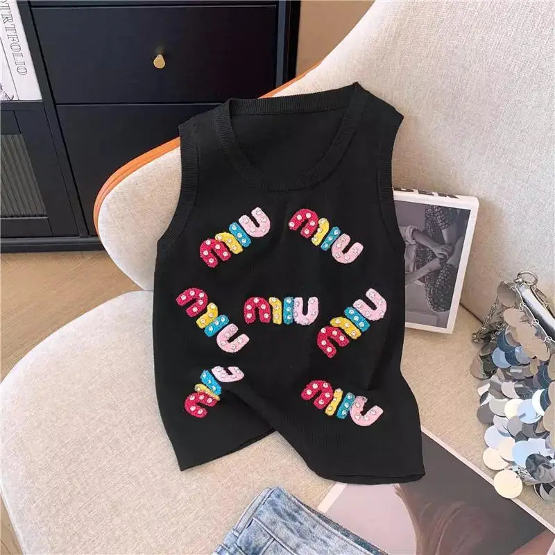 Summer All-match Slim-fitting Hot Girl Thin Sexy Sleeveless Pure Seductive Rhinestone-embellished Letter Knitted Camisole Top