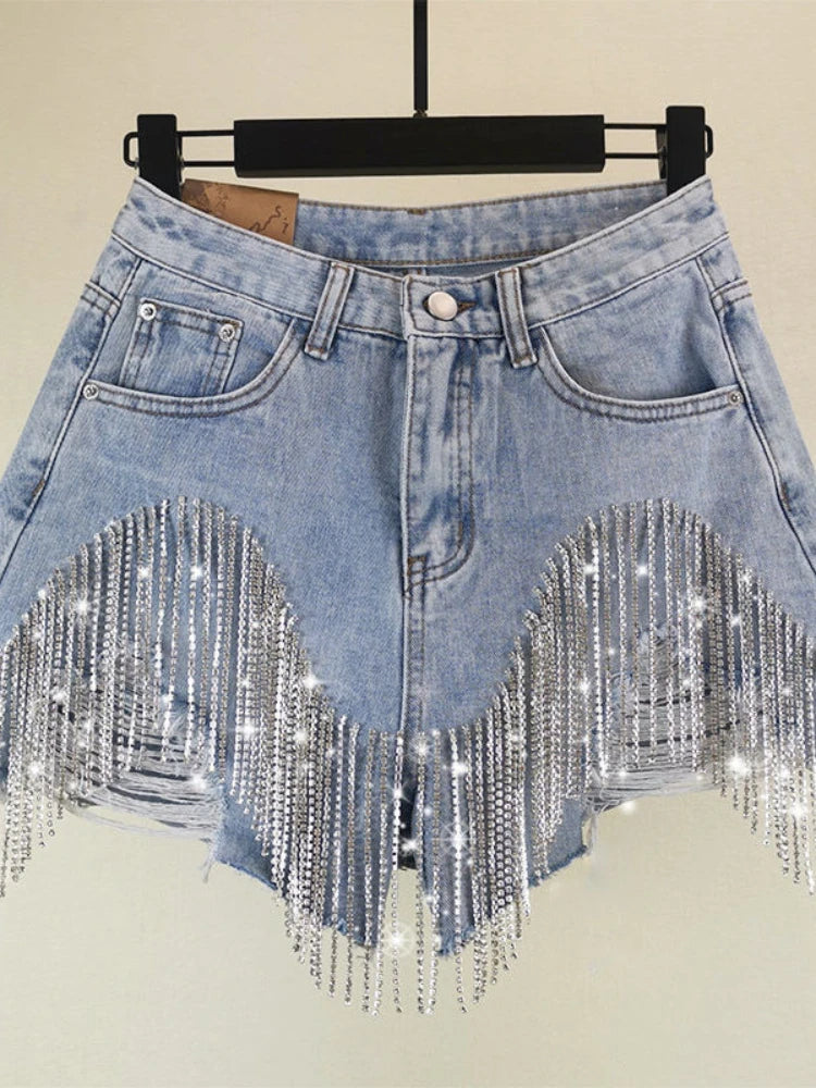 New Summer Ripped Jeans Short Femme High Waist Diamond Tassel Casual Bottoms For Ladies Denim Shorts Women Clothing Fashion