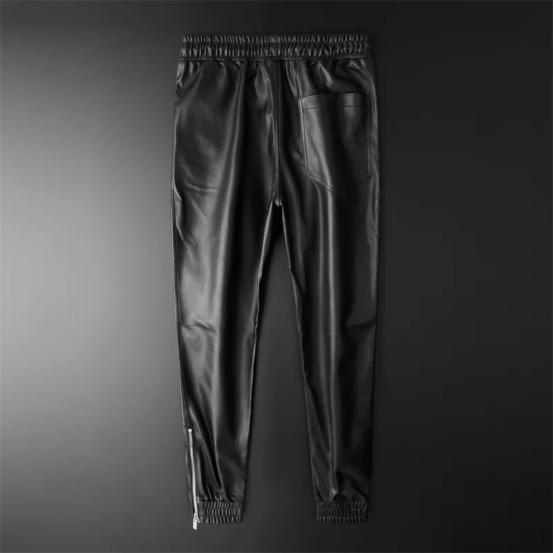 Men's Leather Pants Superior Quality Elastic Waist Jogger Pants PU Leather Motorcycle Trousers Biker's Pants