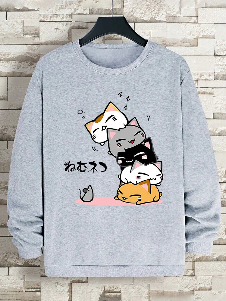 Cute Stacked Cats Sleep Clothing Man Hoody Hip Hop O-Neck Sweatshirts Vintage Casual Loose Hoodies Autumn New Loose Clothes