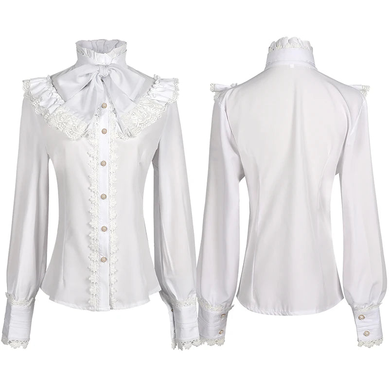 Chemise à manches longues gothique rétro à manches longues en dentelle à volants et col en nœud Lolita Chemise blanche à boutons victorienne Chemise de bureau