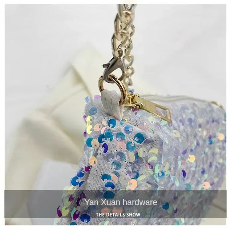 Sequins Crossbody Chain Bag Simple INS Solid Color Sequins Shoulder Bag Underarm Bag Phone Purse Evening Clutch Bags Handbag