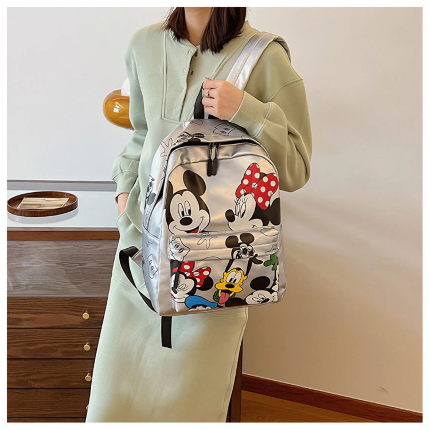 New Disney Mickey PU Leather Backpack Classic Cartoon Laptop Bag Minnie Mouse Large Capacity School Bag Women Fashion Tote Bag