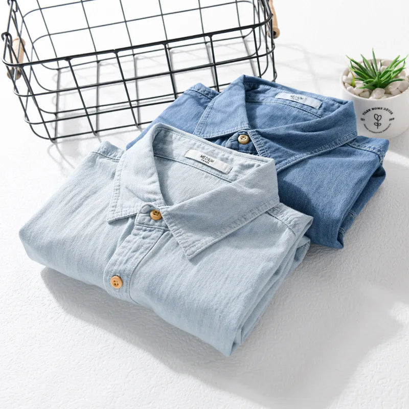 Light and Thin Summer Short-sleeved Denim Shirt for Men, Casual and Breathable, Sweat-wicking, Suitable for Daily Commuting.