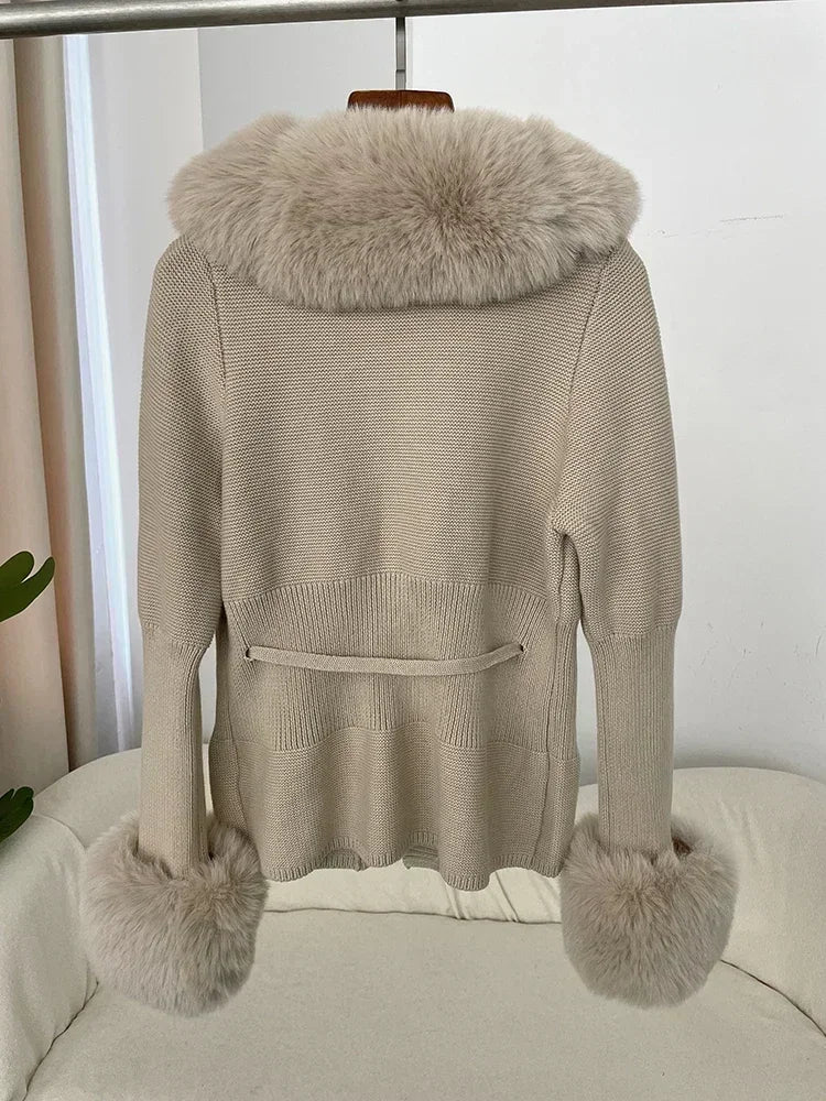 Autumn/Winter 2024 Women's Fur Coat Luxury Patchwork Knitted Sweater Bandage Fur Cardigan Detachable Collar Jacket Faux Fur Coat