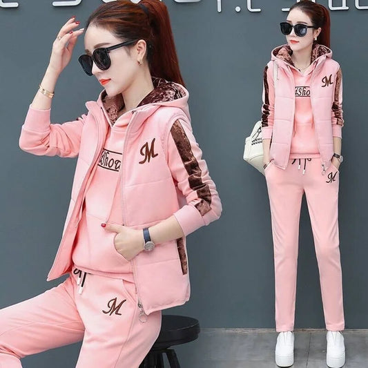 2024 Autumn Winter New Women's Casual Sweat Suit Fashion Plush Thickened Hooded Tops Waistcoat Pants 3 Three Piece Set For Women