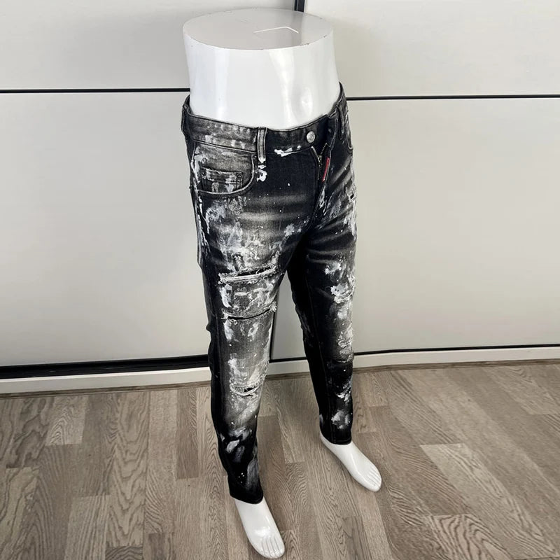 High Street Fashion Men Jeans Retro Black Gray Stretch Skinny Fit Ripped Jeans Men Painted Designer Hip Hop Brand Pants Hombre