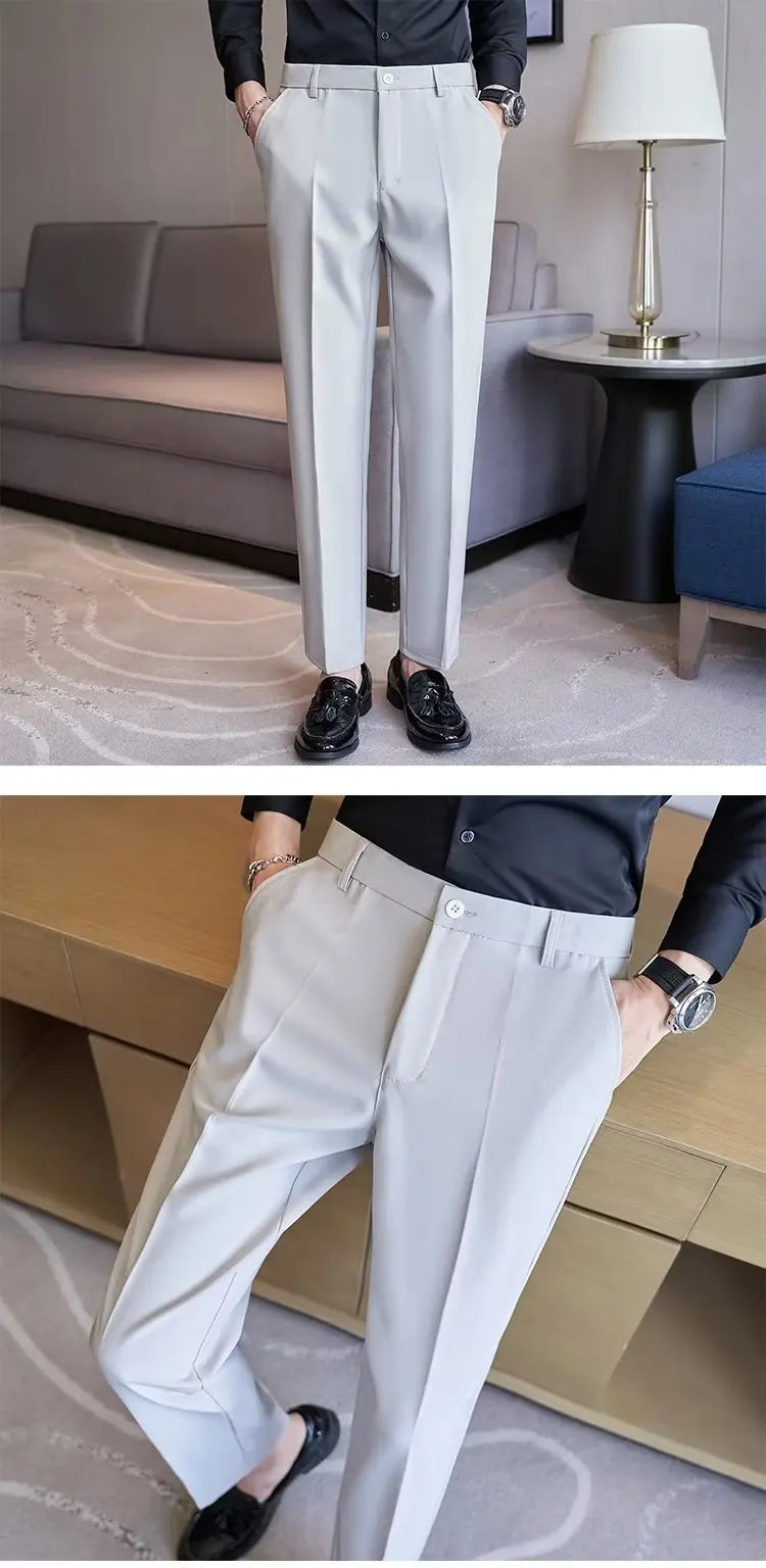 Men's Suit Pants Gray White Black Slim Business Casual Nine-point Pants Straight Plus Size Trousers Office Social Wedding