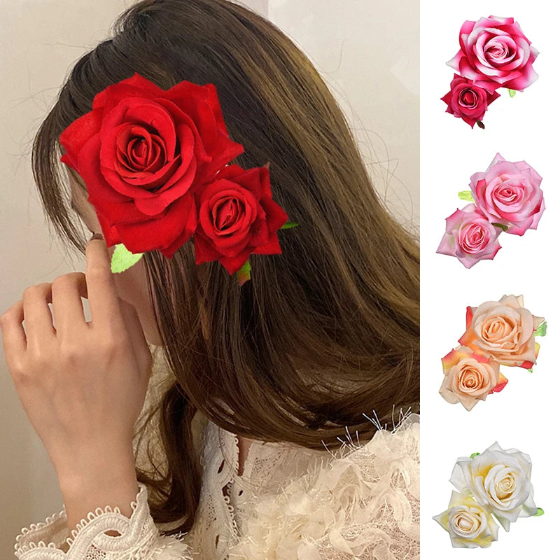 Flamenco Flowers For Hair DIY Headdress For Bridal Flocking Cloth Red Rose Flower Hairpin Hair Clip Party Hair Accessories