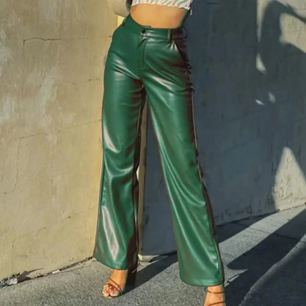 Summer Women Pants Retro Solid Color High Waist Straight Wide Leg Side Pockets Long Pants Slim Fit  Faux Leather Lady Trousers