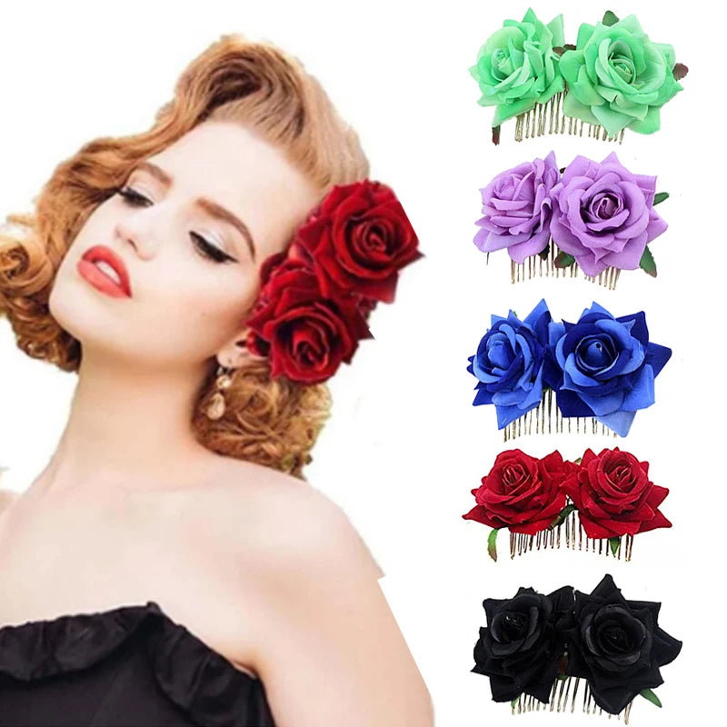 Flamenco Flowers For Hair DIY Headdress For Bridal Flocking Cloth Red Rose Flower Hairpin Hair Clip Party Hair Accessories