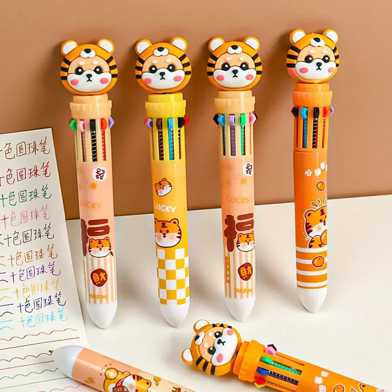 10 Colors Kawaii Tiger Ballpoint Pen 0.5mm Colorful Ink Mechanical Gel Pens Press Pens Korean Stationery School Office Supplies