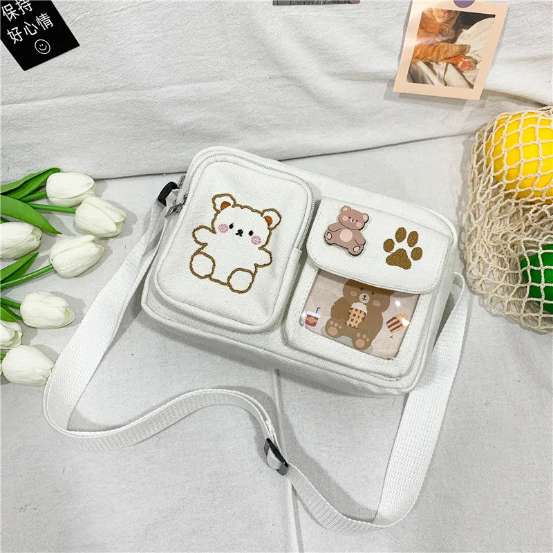 Canvas Small Bag Japanese ins Women Shoulder Bag Cute Funny Personality Embroidery Bear Girl Student Transparent Messenger Bag