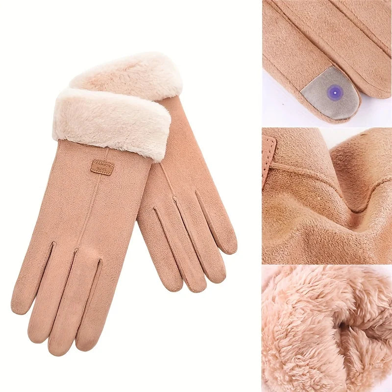 Women Winter Thick Plush Leather Gloves Fashion Winter Warm Skiing Outdoor Women Gloves Lady Elegant Casual Touch Screen Gloves