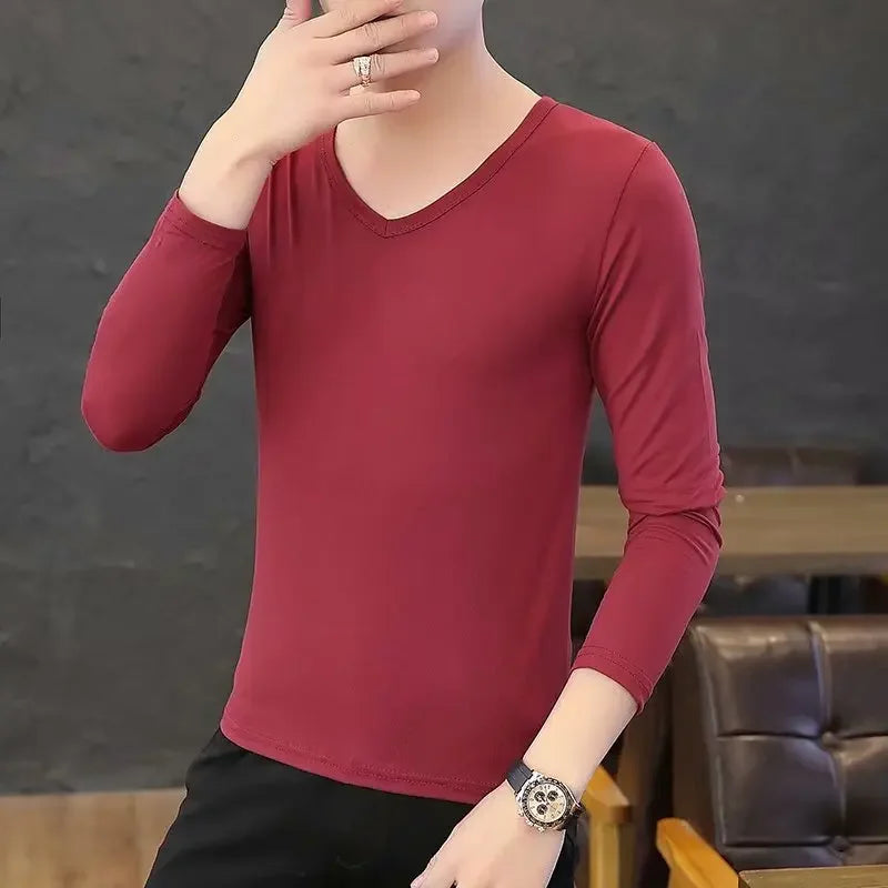 Men's Long Sleeve Black V-neck Base Layer T-shirt Solid Color Autumn Innerwear Thin Style Comfortable Men's Top