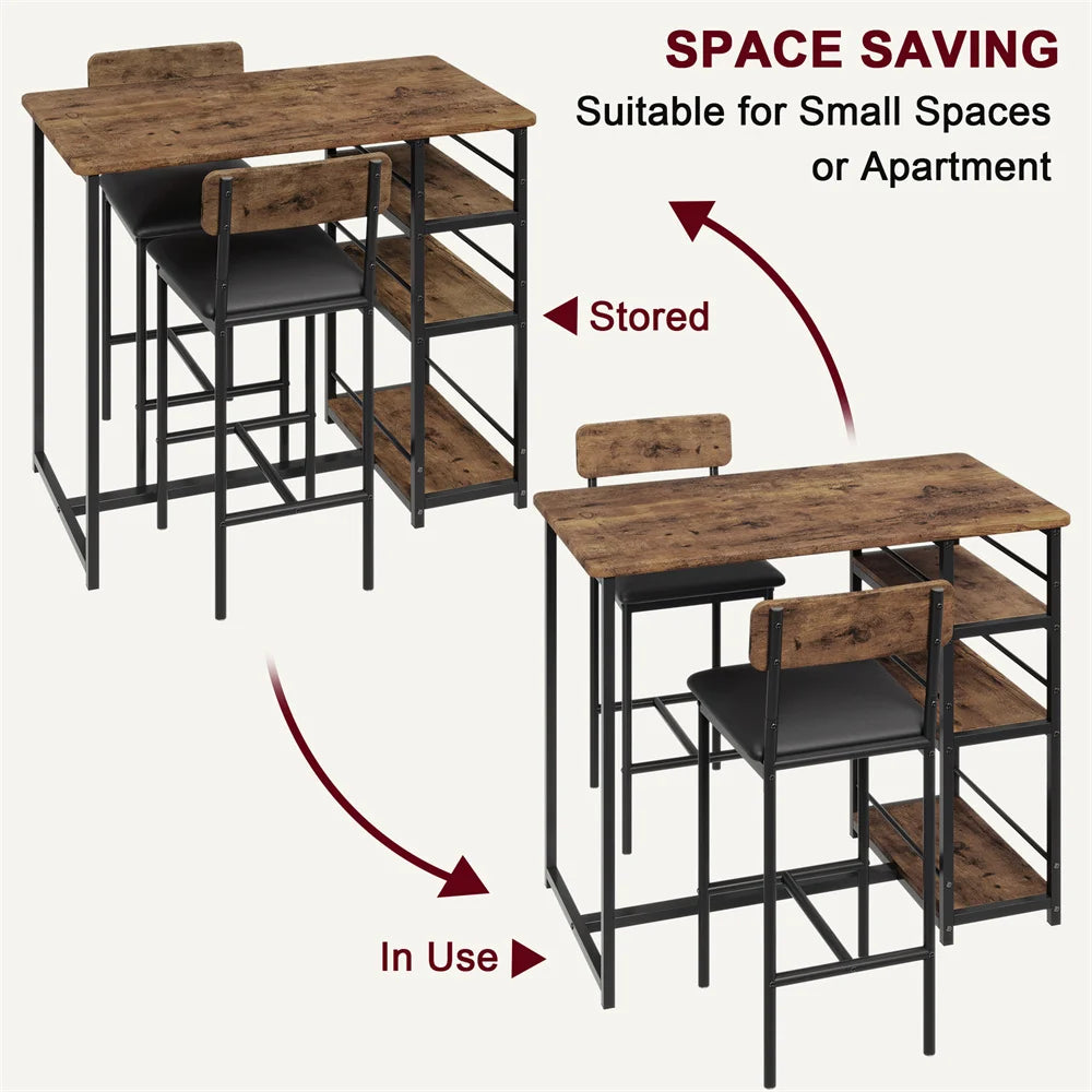 Dining Table Set, Bar Table and 2 x Chairs, Kitchen Table Set with 2 Upholstered Chairs, 3 Large Storage Shelves, Pub Table Set