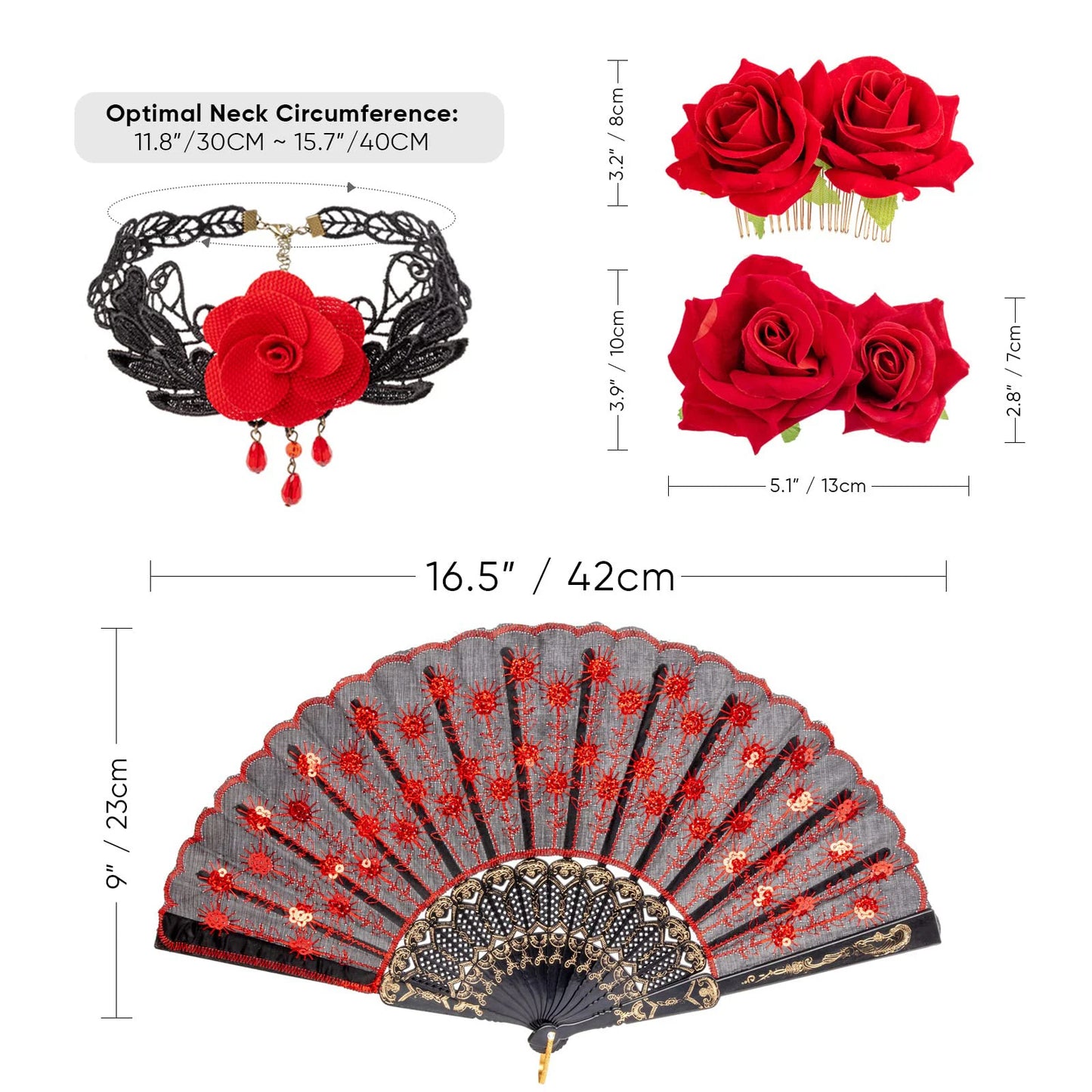 Rose Flower Hair Clip Embroidered Folding Fan Earrings Set Hair Accessories for Women Flamenco Dancer