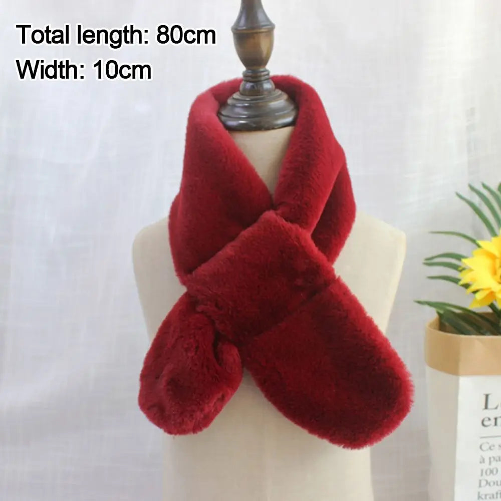 Children Boys Girls Winter Warm Thicken Cross Collar Scarf  Solid Color Faux Rabbit Fur Plush Cute Shawl Scarfs