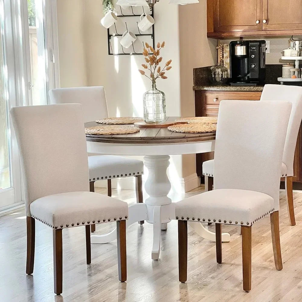 Set of 4, Fabric Dining Room Kitchen Side Chair with Nailhead Trim and Wood Legs - Beige