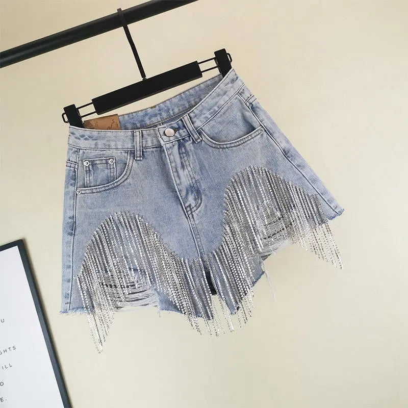 New Summer Ripped Jeans Short Femme High Waist Diamond Tassel Casual Bottoms For Ladies Denim Shorts Women Clothing Fashion