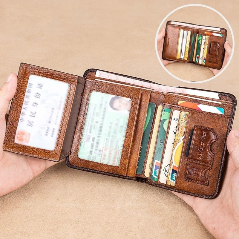 Genuine Leather Rfid Protection Wallets for Men Vintage Thin Short Multi Function ID Credit Card Holder Money Bag