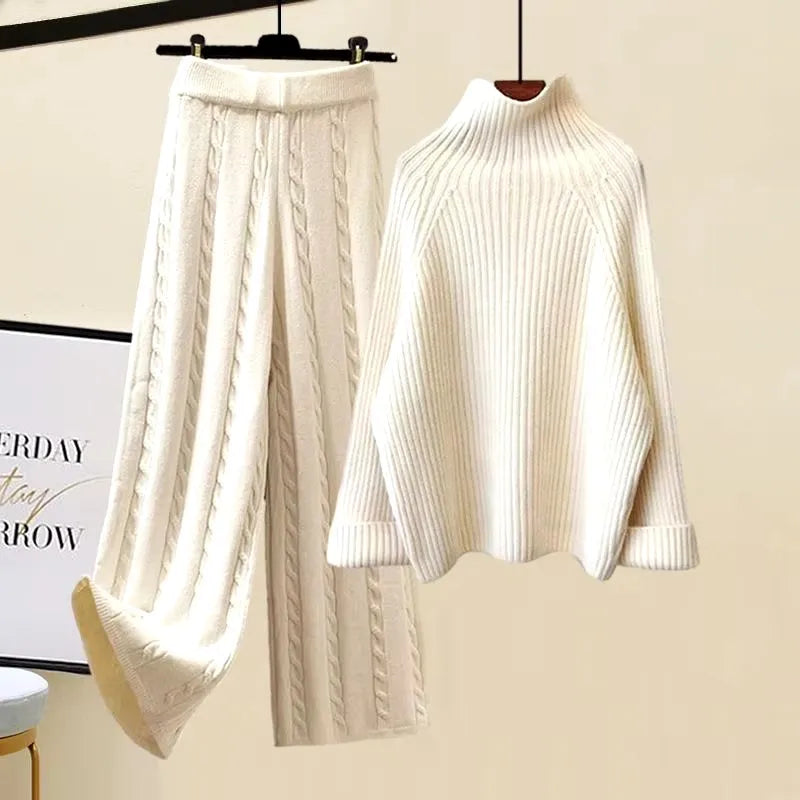 Arge Size Women's Autumn and Winter Set 2024 New Cotton Vest Knitted Sweater Versatile Wide Leg Pants Three Piece Set Pant Sets