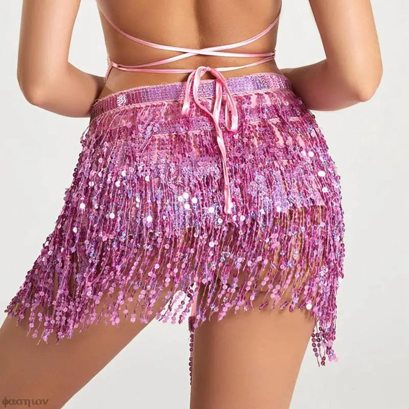 Jupe tutu sexy pour femme, danse du ventre, ceinture portefeuille, paillettes, pompon, écharpe, robe d'été, costume, jupe à franges