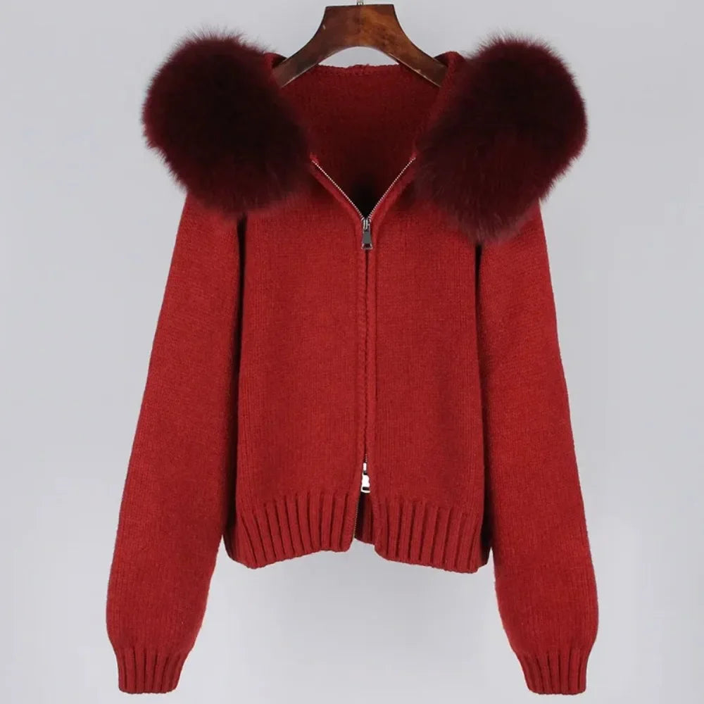 2024 Fashion Autumn Winter Casual Hooded Real Fox Fur Collar Fashion Short Knitted Jacket with Natural Fur Coat for Women