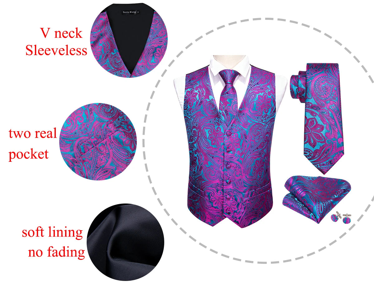 Luxury Vest for Men Silk Green Blue Silver Gray Gold Pink Embroidered Paisley Floral Male Waistocoat Tie Suit Formal Casual