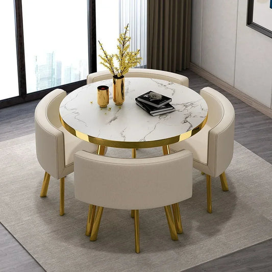 Marble Round 80cm Dining Tables Set 4 Chairs Modern Center Wood Table Luxury White Apartment Furniture