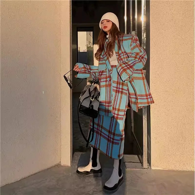 Checkered Suit Jacket for Women's Autumn/Winter 2024 Hong Kong Style Retro Small Fragrant Half Skirt Two-piece Set Trendy Trendy