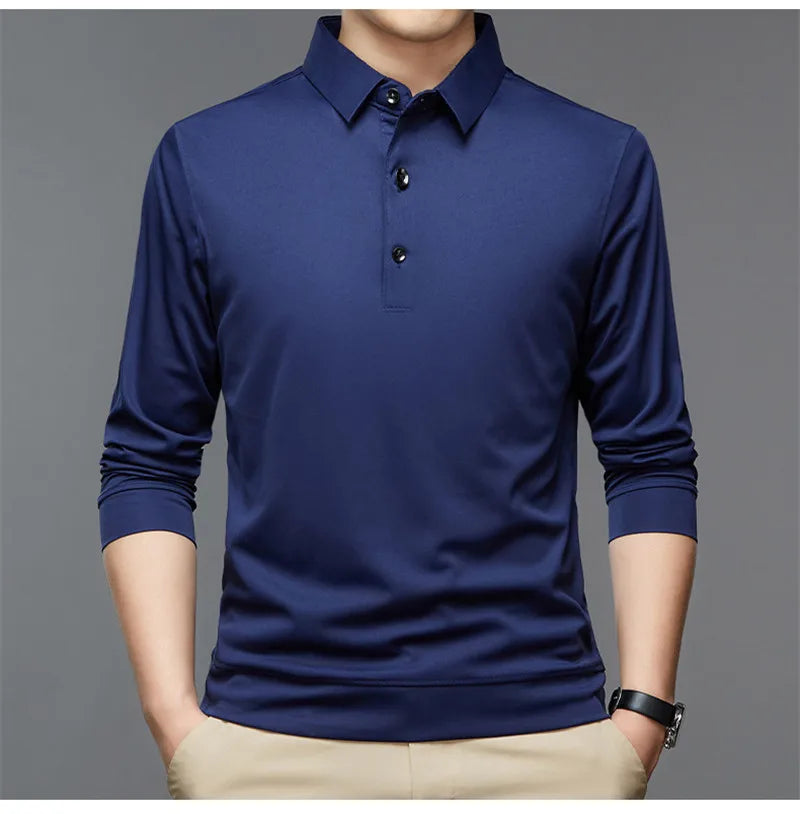 Fashion Men New Business Solid Polo Shirts Spring Autumn Thin Long Sleeve Button Lapel Male Clothing Loose Casual T-Shirt Tops