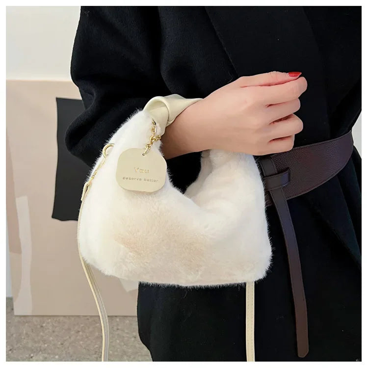 New Fashion Women Lady Shoulder Underarm Bag Solid Color Soft Plush Handbag Fluffy Totes Purse Autumn Winter Shopping Bag