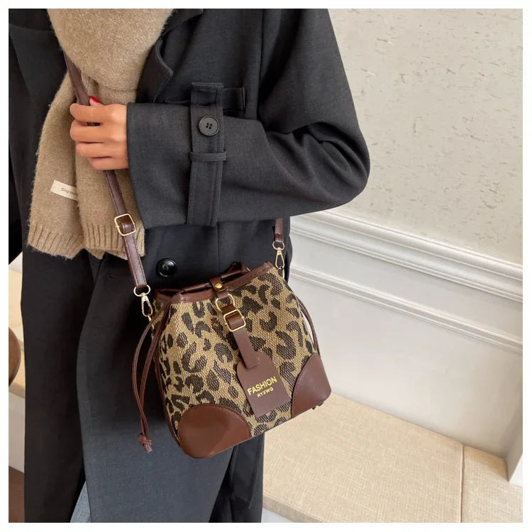 Leopard Small PU Leather Women Bucket Crossbody Bags 2024 Fall Designer Shoulder Bag Luxury Brand Ladies Handbag Lady Trend Tote