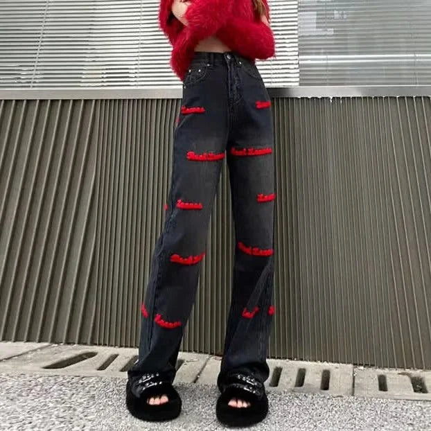 Loose Embroidered High-waist Women Jeans Spring Season Design Letter Straight Crotch Pants Slim Fit Dragging Long Pants