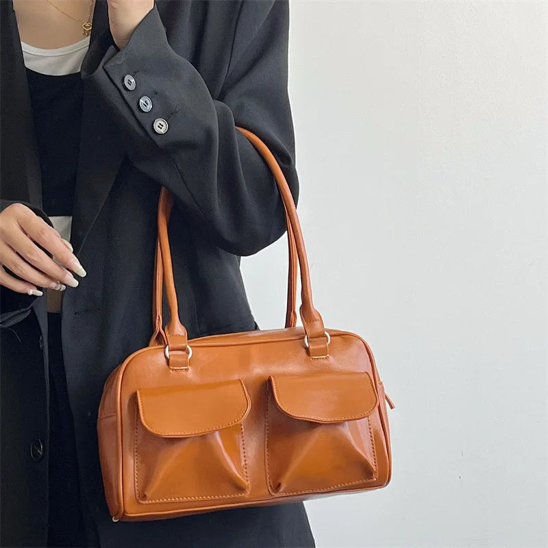 Vintage Women Business Shoulder Bags Simple Ladies Commute Tote Bag Pu Leather Female Underarm Bag Burgundy Large Handbags Purse