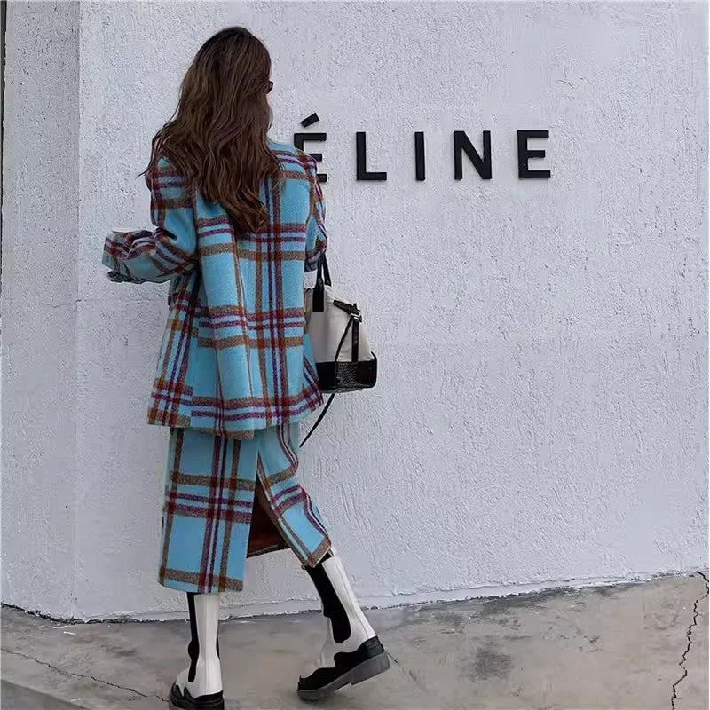 Checkered Suit Jacket for Women's Autumn/Winter 2024 Hong Kong Style Retro Small Fragrant Half Skirt Two-piece Set Trendy Trendy