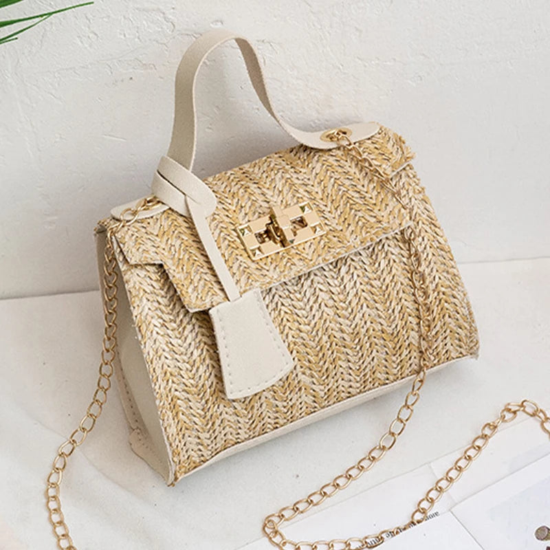 New Straw Woven Shoulder Crossbody Bag Beach Clutch Handbag Casual Summer Handmade Chain Bags for Women Totes Purse