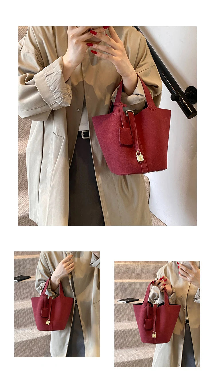 Basket Bag for Women 2024 Autumn and Winter New Frosted Bucket Bag Handbag Casual Red Wedding Bag