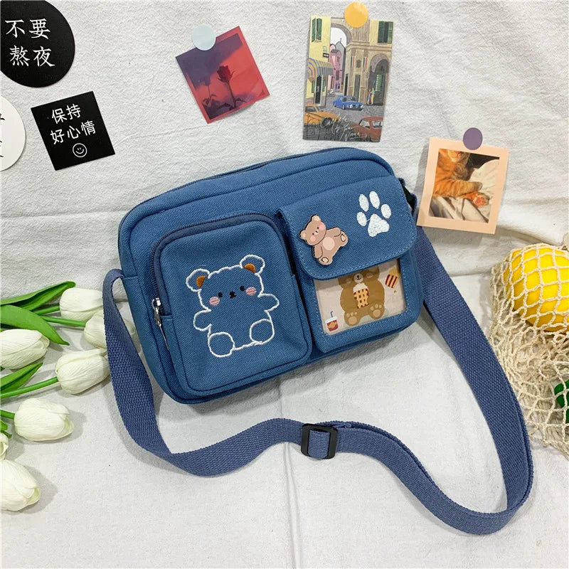 Canvas Small Bag Japanese ins Women Shoulder Bag Cute Funny Personality Embroidery Bear Girl Student Transparent Messenger Bag