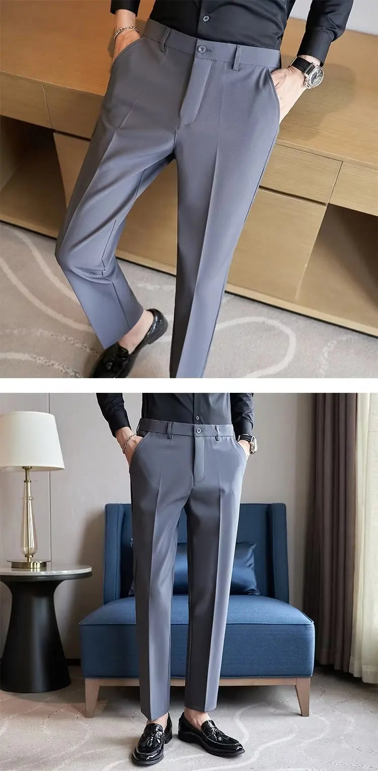 Men's Suit Pants Gray White Black Slim Business Casual Nine-point Pants Straight Plus Size Trousers Office Social Wedding