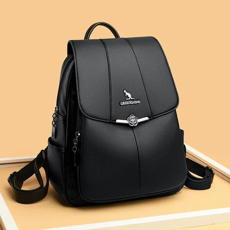 2024 New Fashion Retro Panel Commuter School Bag Women's Backpack PU Soft Leather Casual Lightweight One Shoulder Travel Bag