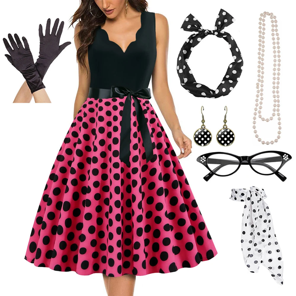 Women's A-Line Rockabilly Dress Polka Dots Swing Dress Flare Dress with Accessories Set 1950s 60s Retro Vintage