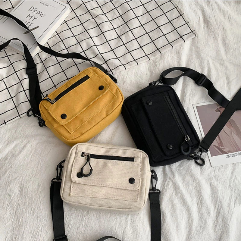 Women Canvas Handbags Mini Student Bag Cell Phone Simple Small Crossbody Casual Ladies Zipper Shoulder Bag