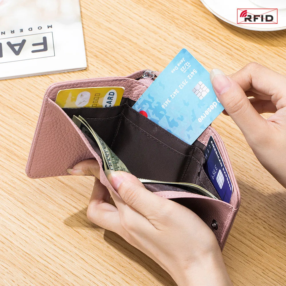 Genuine Leather RFID Short Wallets Card Holder Bag Portable Cowhide Small Zipper Money Coin Purse For Men Women Earphone Pouch