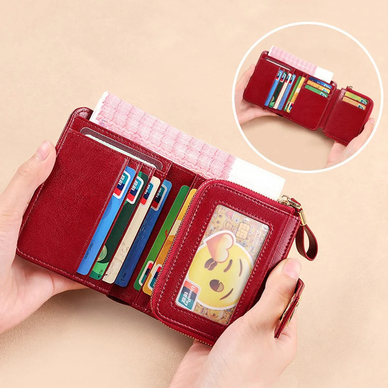 Genuine Leather Women Short Wallet Tri Fold RFID Blocking ID Card Holder Zipper Coin Purse Large Capacity Small Female Purses