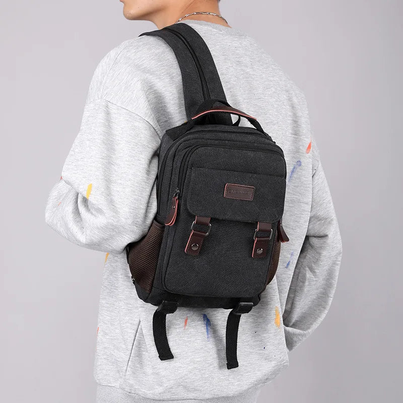 Small Mens Backpack Canvas Casual Backpacks for Men 2024 Mini Male School Bag Rucksack Man Multi-function Crossbody Bag Travel