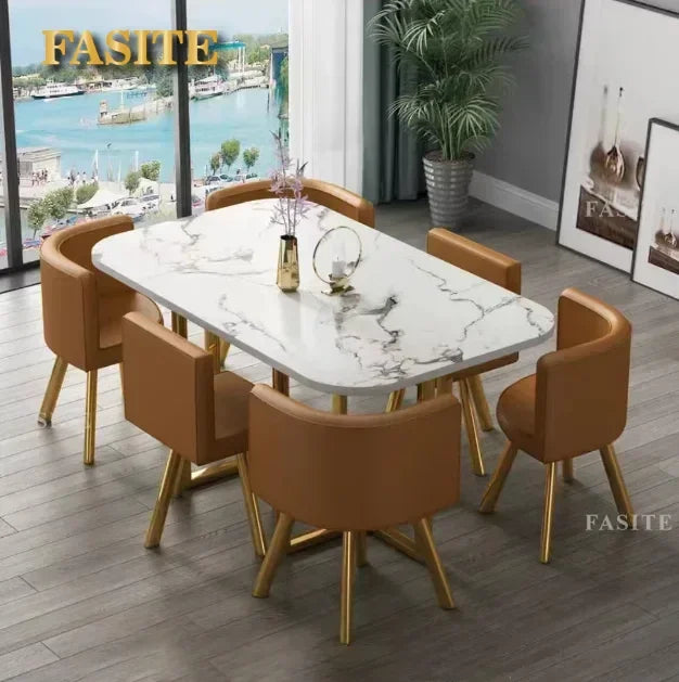 New 2024 Modern Marble Top White Classic Dining Table Living Room With 6 Chairs Set